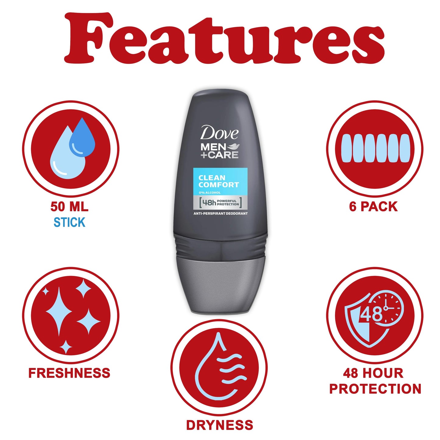 Dove Men+Care Clean Comfort Roll-On Deodorant – 6 Pack Travel Size TSA Approved, 48-Hour Protection, Fresh Scent