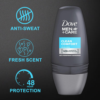Dove Men+Care Clean Comfort Roll-On Deodorant – 6 Pack Travel Size TSA Approved, 48-Hour Protection, Fresh Scent