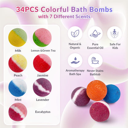 DOVIPE 34 + 6 Bath Bombs with Surprise Crystal Toys – Natural Kids Bath Gift Set