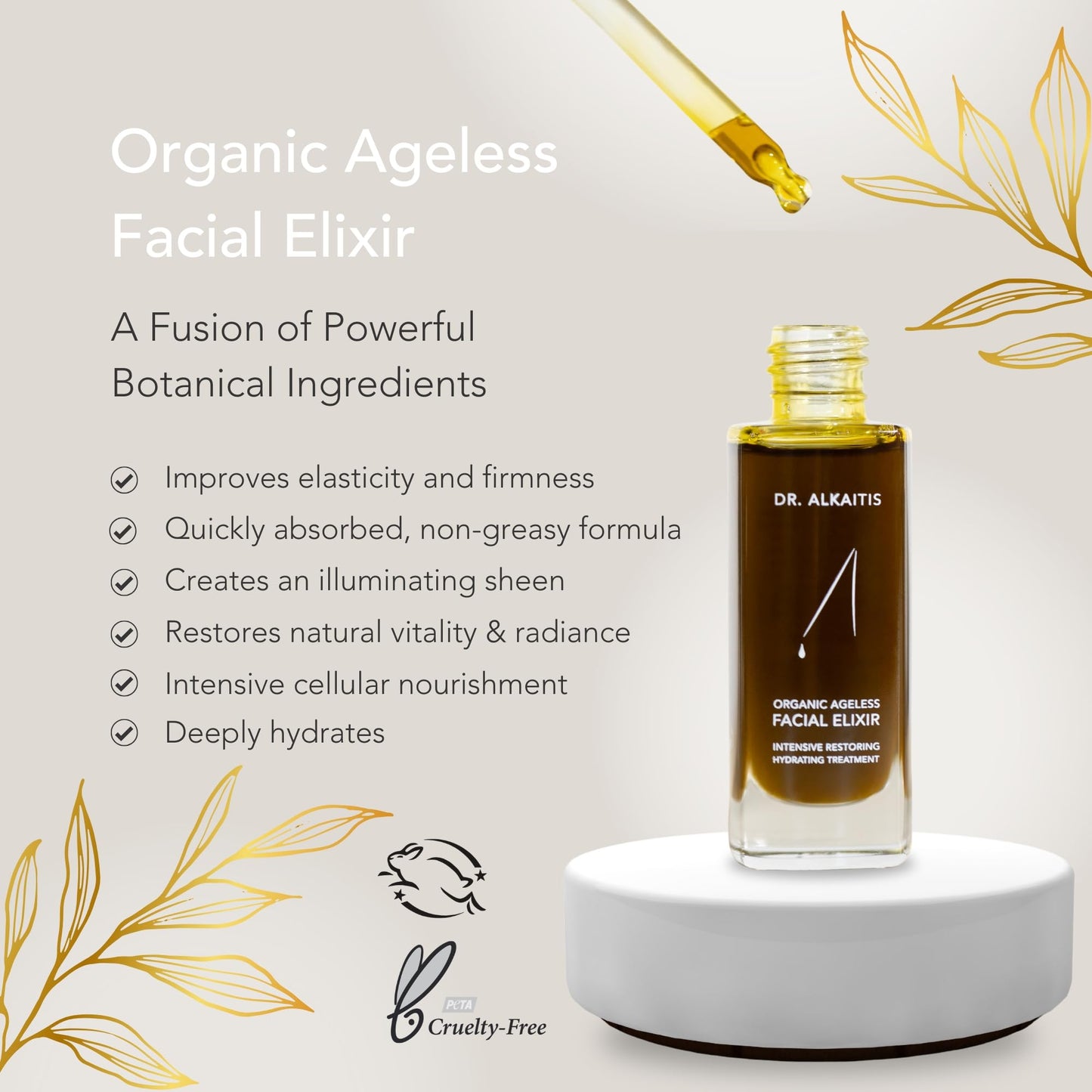 Dr. Alkaitis Organic Ageless Facial Elixir – Luxurious Moisturizing Serum (1 fl oz / 30 ml)