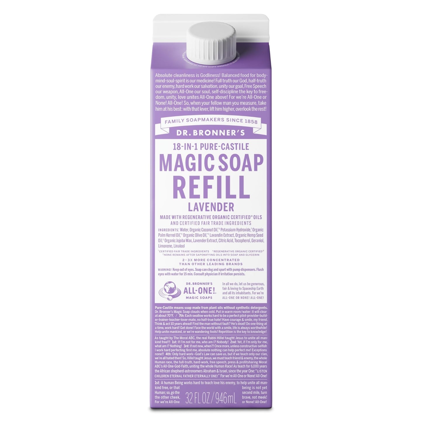 Dr. Bronner's Lavender Pure-Castile Soap Refill – Regenerative Oils, 32oz, 86% Less Plastic