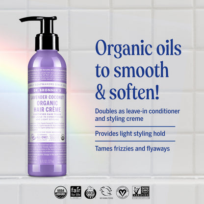 Dr. Bronner's Organic Hair Crème Lavender Coconut – Leave-In Conditioner & Styling Cream (6oz, 2-Pack)