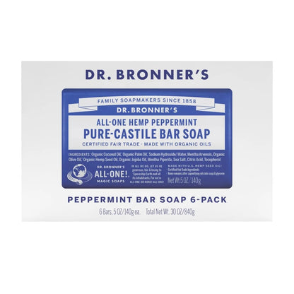Dr. Bronner's Pure Castile Peppermint Bar Soap – 5 oz, Pack of 6 | Organic Oils
