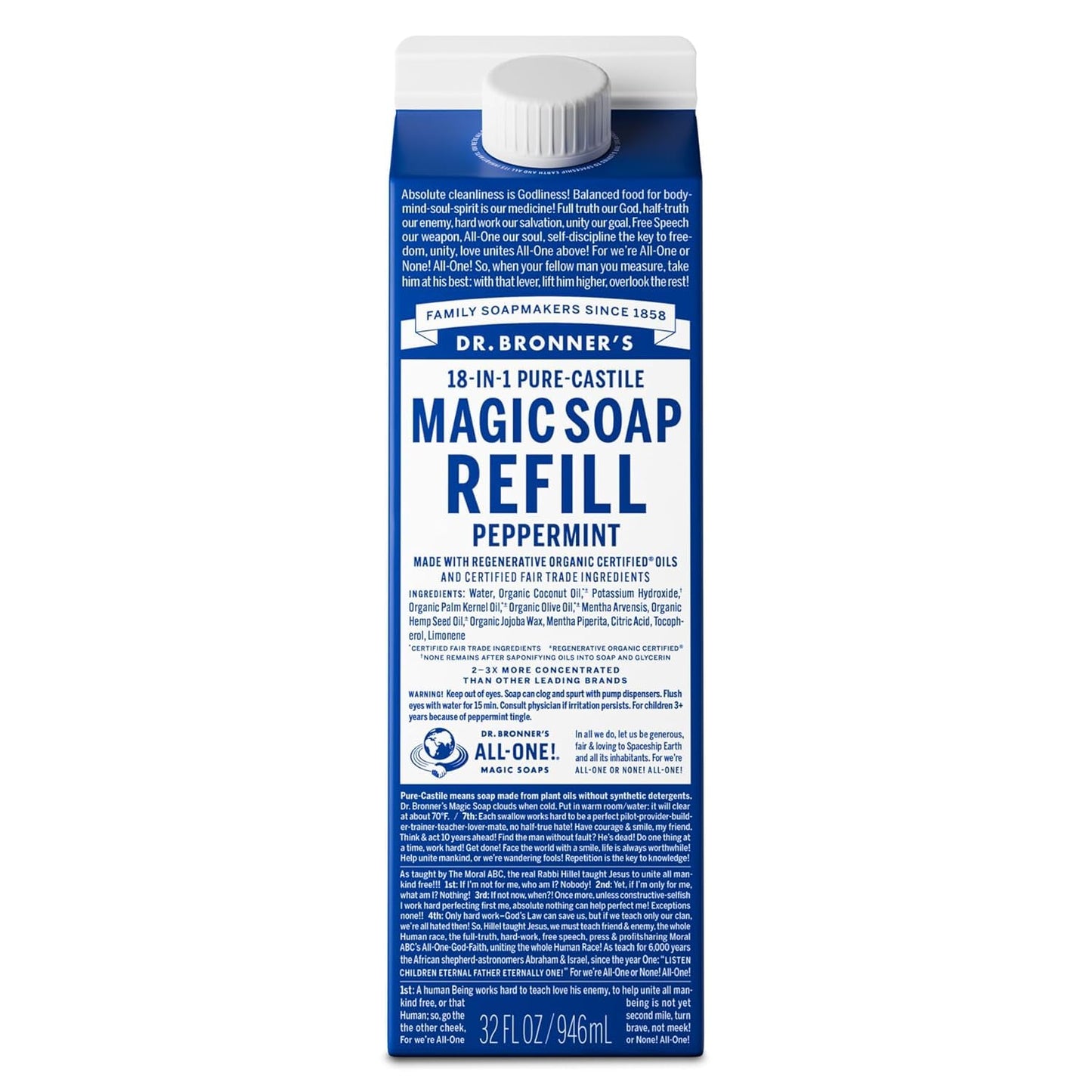 Dr. Bronner's Peppermint Pure-Castile Refill (32oz) – Regenerative Oils, 86% Less Plastic