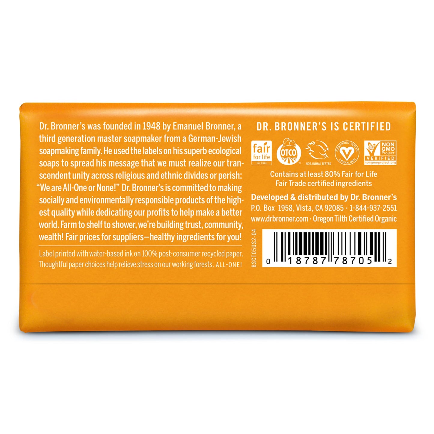 Dr. Bronner's Pure-Castile Citrus Bar Soap – 5oz, 12-Pack | Vegan, Biodegradable