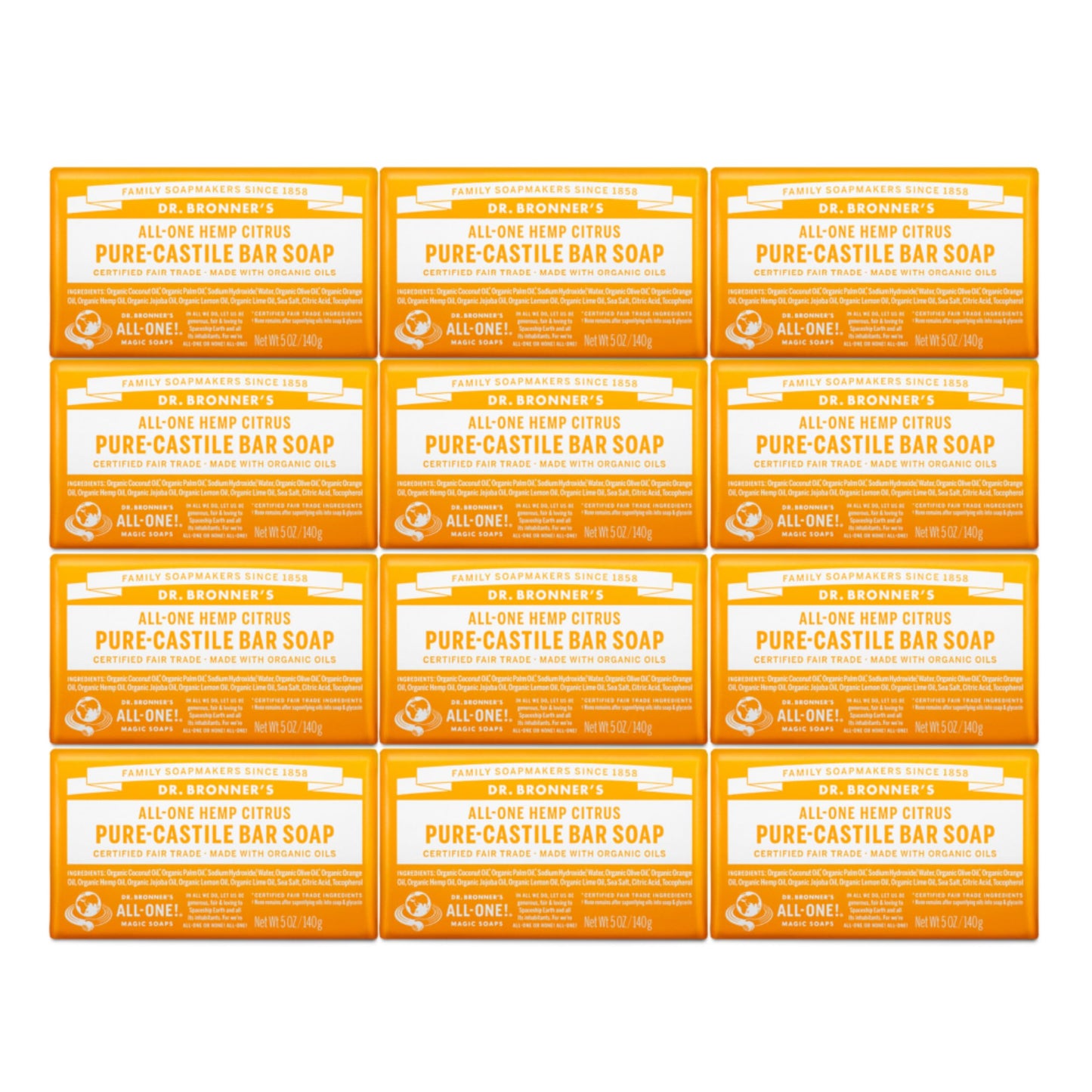 Dr. Bronner's Pure-Castile Citrus Bar Soap – 5oz, 12-Pack | Vegan, Biodegradable
