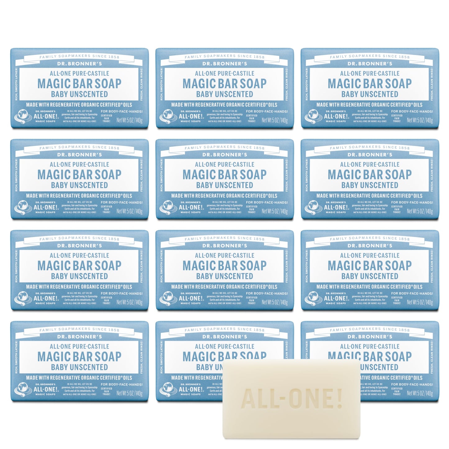 Dr. Bronner's Pure-Castile Magic Bar Soap Baby Unscented – Regenerative Organic Oils, 12-Pack