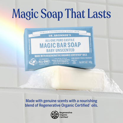 Dr. Bronner's Pure-Castile Magic Bar Soap Baby Unscented – Regenerative Organic Oils, 12-Pack