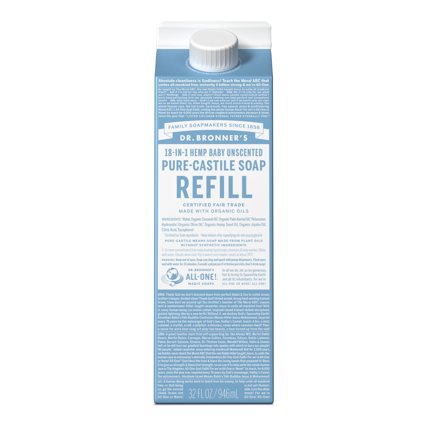 Dr. Bronner's Pure-Castile Soap Refill (32oz) – Regenerative Organic Oils, 86% Less Plastic, Baby Unscented, 18-in-1 Uses