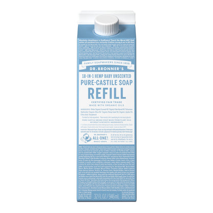 Dr. Bronner's Pure-Castile Soap Refill (32oz) – Regenerative Organic Oils, 86% Less Plastic, Baby Unscented, 18-in-1 Uses