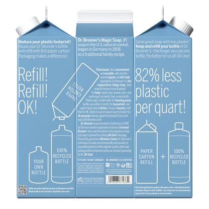 Dr. Bronner's Pure-Castile Soap Refill (32oz) – Regenerative Organic Oils, 86% Less Plastic, Baby Unscented, 18-in-1 Uses