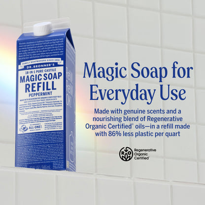 Dr. Bronner's Peppermint Pure-Castile Refill (32oz) – Regenerative Oils, 86% Less Plastic