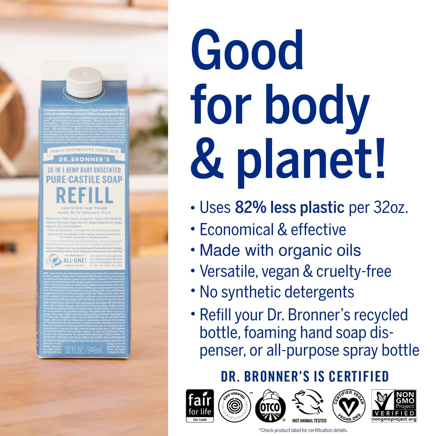 Dr. Bronner's Pure-Castile Soap Refill (32oz) – Regenerative Organic Oils, 86% Less Plastic, Baby Unscented, 18-in-1 Uses