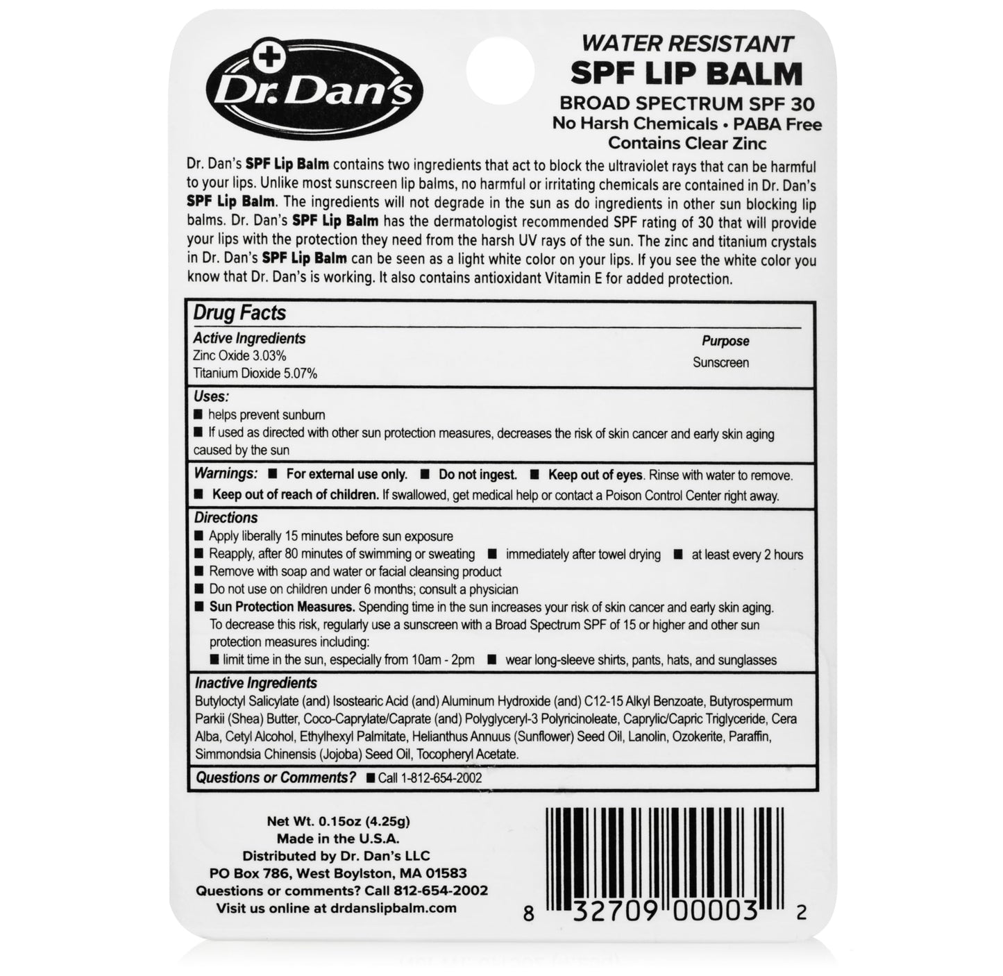Dr. Dan's SPF 30 Lip Balm – Mineral Based, Hypoallergenic, 3 Pack