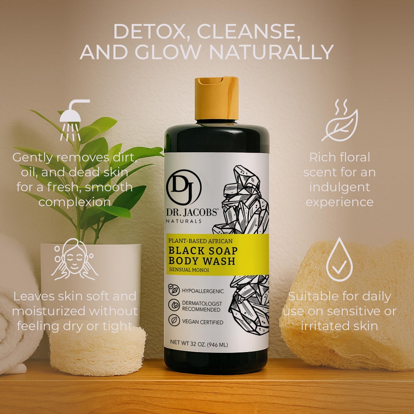 DR.JACOBS NATURALS African Black Liquid Soap with Monoi Scent – All-In-One Cleanser, 16oz