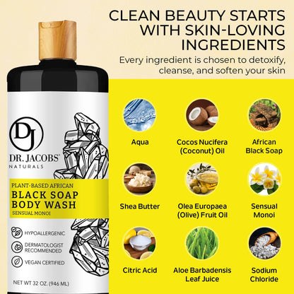 DR.JACOBS NATURALS African Black Liquid Soap with Monoi Scent – All-In-One Cleanser, 16oz