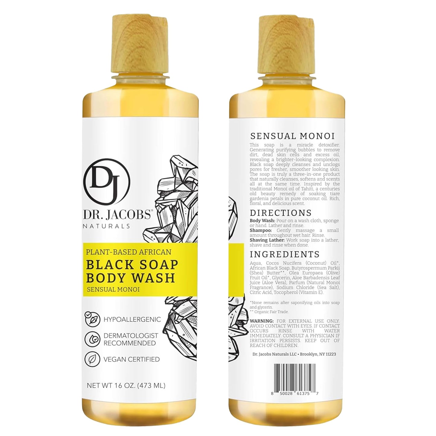 DR.JACOBS NATURALS African Black Liquid Soap with Monoi Scent – All-In-One Cleanser, 16oz