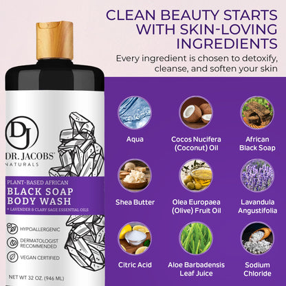 Dr Jacobs Naturals African Black Liquid Soap with Lavender & Sage – All-In-One Cleanser (2pk 16oz)