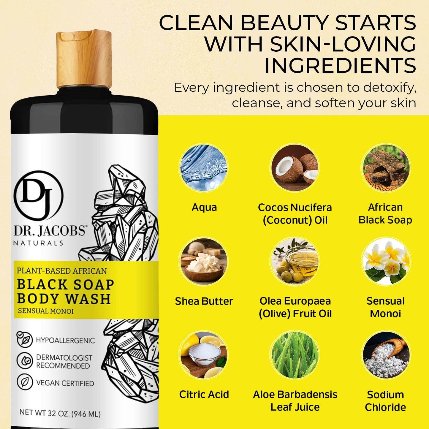 DR.JACOBS NATURALS African Black Soap with Monoi Scent – All-In-One 32oz