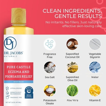 Dr. Jacobs Naturals Hypoallergenic Castile Soap – Fragrance-Free, Sensitive Skin Body Wash (16oz, 2PK)
