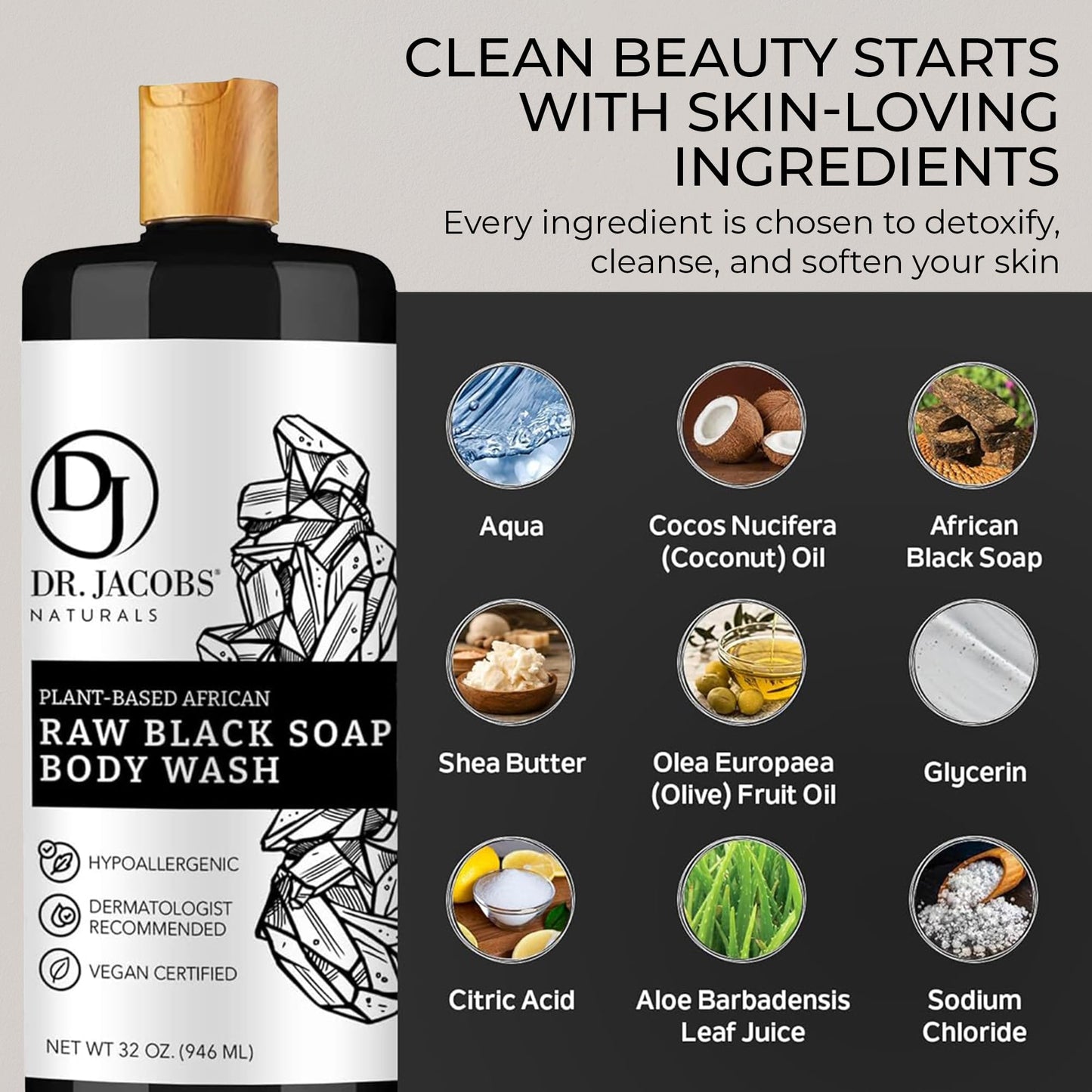 Dr Jacobs Naturals African Black Soap – All-In-One Cleanser with Shea Butter (16 oz)