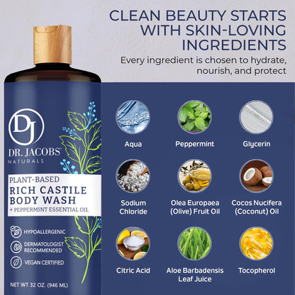 Dr. Jacobs Naturals Peppermint Castile Soap Liquid Body Wash – Plant-Based, Aloe Vera & Vitamin E, 32 oz x3 – Made in USA