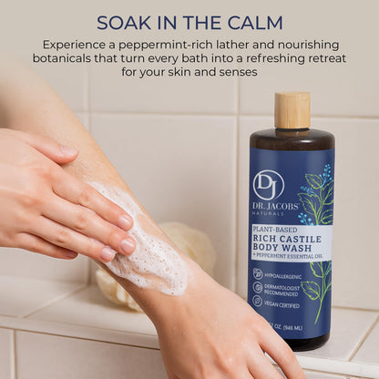 Dr. Jacobs Naturals Peppermint Castile Soap Liquid Body Wash – Plant-Based, Aloe Vera & Vitamin E, 32 oz x3 – Made in USA