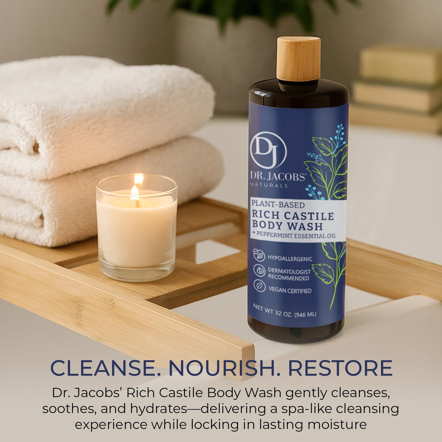 Dr. Jacobs Naturals Peppermint Castile Soap Liquid Body Wash – Plant-Based, Aloe Vera & Vitamin E, 32 oz x3 – Made in USA