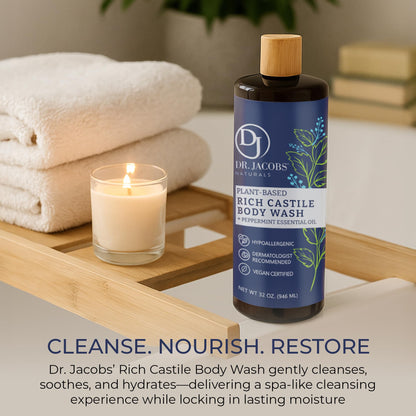 Dr. Jacobs Naturals Peppermint Castile Soap Liquid Body Wash – Plant-Based, Aloe Vera & Vitamin E, 32 oz x3 – Made in USA