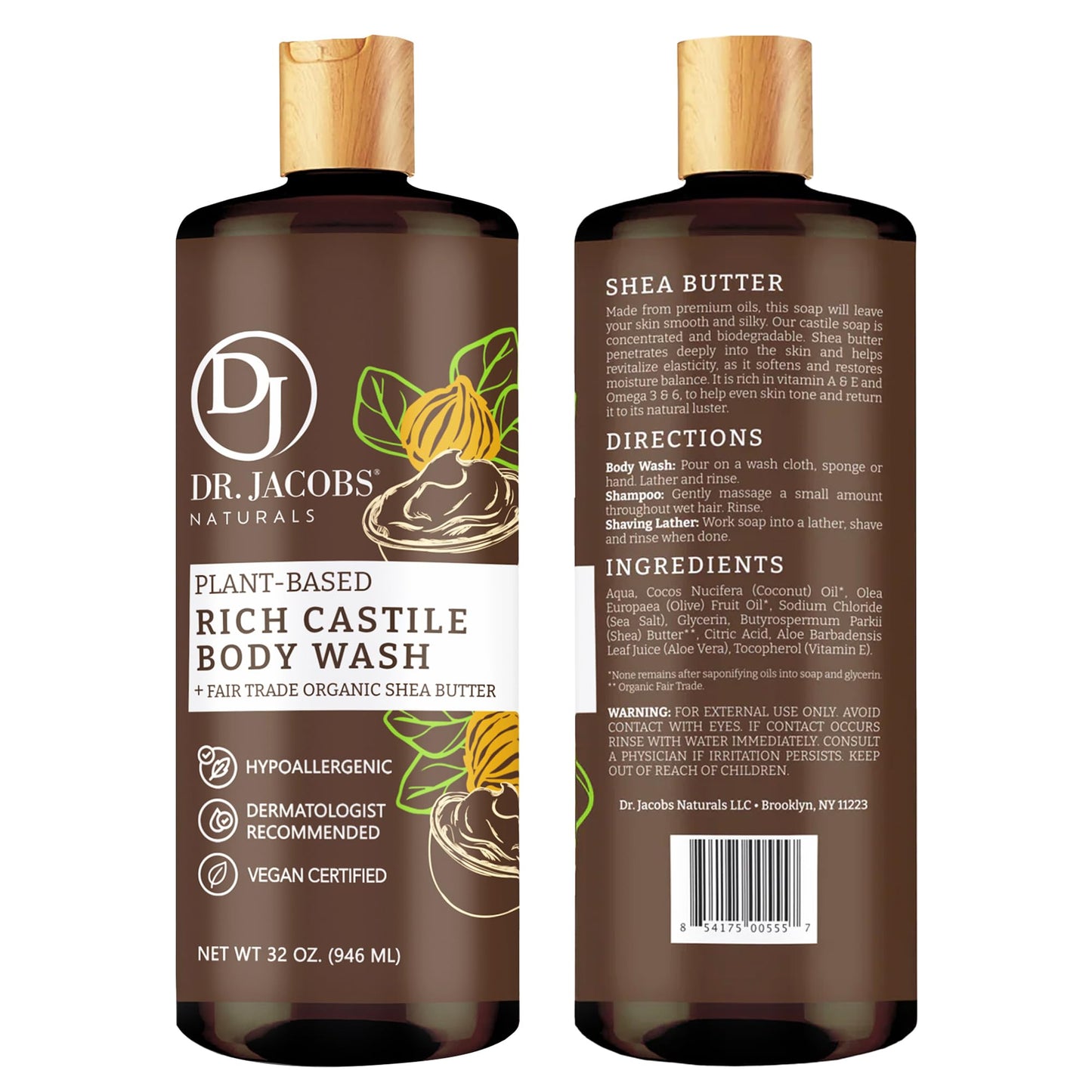 Dr. Jacobs Naturals Pure Castile Soap Body Wash – Shea Butter, Aloe Vera & Vitamin E – 32 oz (Pack of 3) – Made in USA