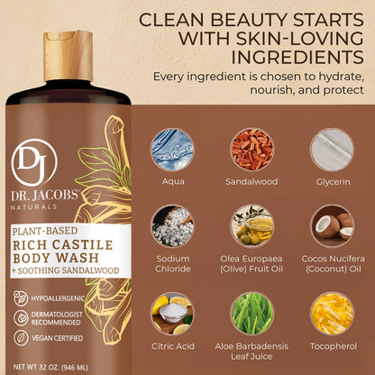 DR.JACOBS NATURALS Pure Castile Soap Liquid Body Wash – Sandalwood, 32 oz (Pack of 3) – Plant-Based with Aloe Vera & Vitamin E