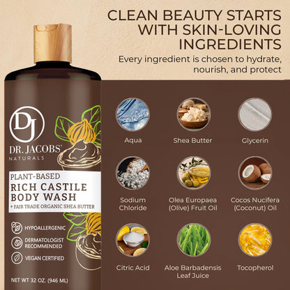 Dr. Jacobs Naturals Pure Castile Soap Liquid Body Wash Sandalwood – Plant-Based with Aloe Vera & Vitamin E, 16 oz
