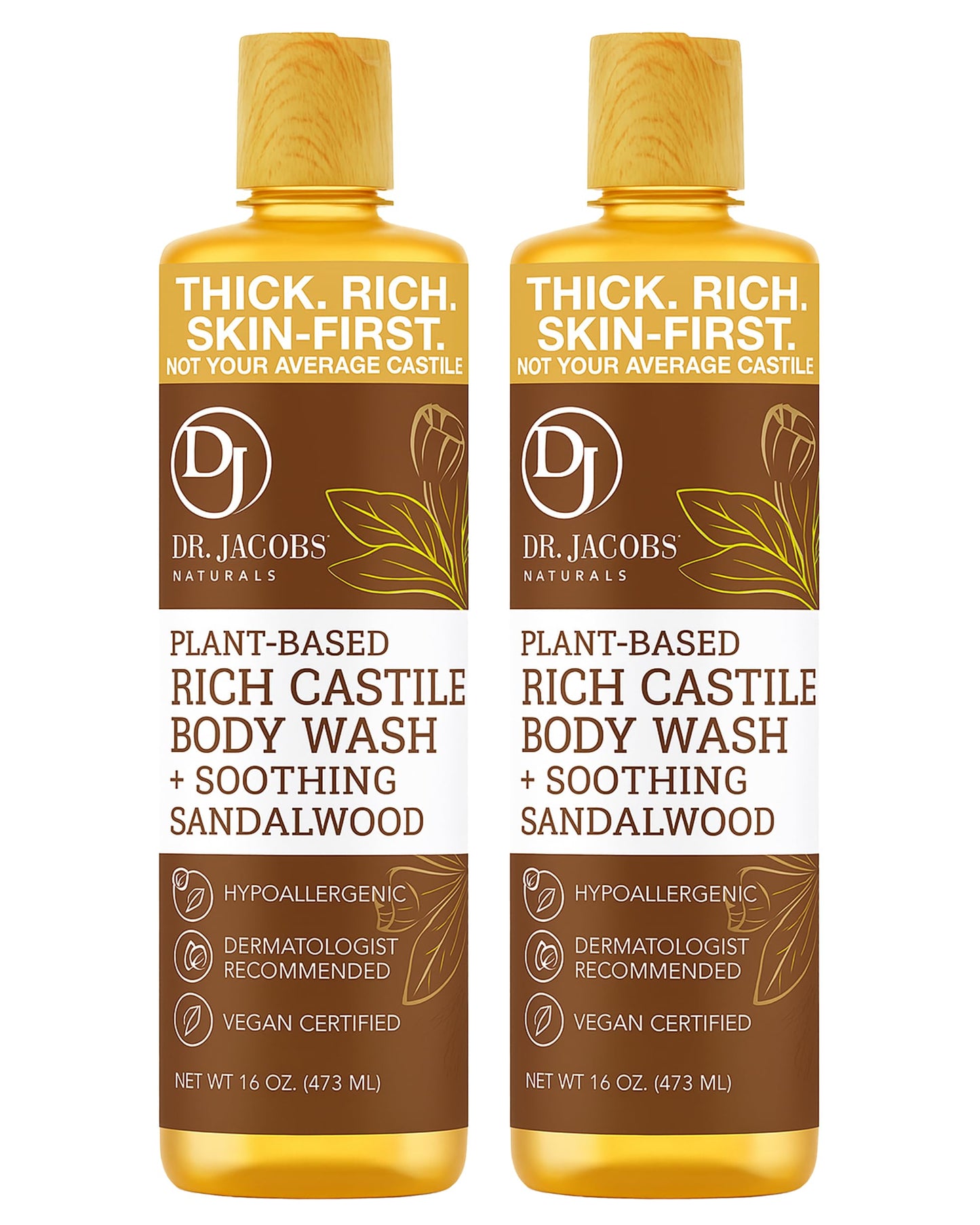 DR.JACOBS NATURALS Pure Castile Soap Liquid Body Wash – Sandalwood, Aloe Vera & Vitamin E, 2x16 oz, Made in USA