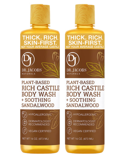 DR.JACOBS NATURALS Pure Castile Soap Liquid Body Wash – Sandalwood, Aloe Vera & Vitamin E, 2x16 oz, Made in USA