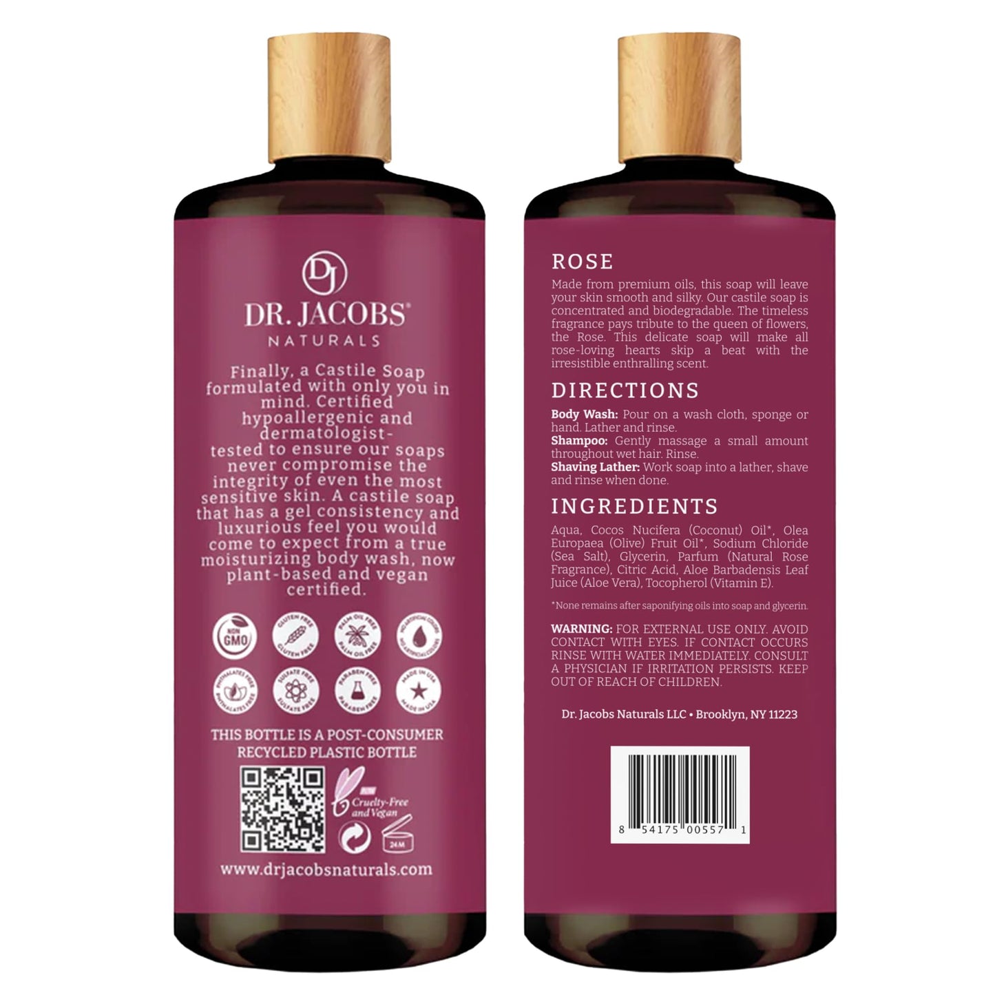 DR.JACOBS NATURALS Pure Castile Soap Rose – Plant-Based Body Wash (32 oz, Pack of 3)