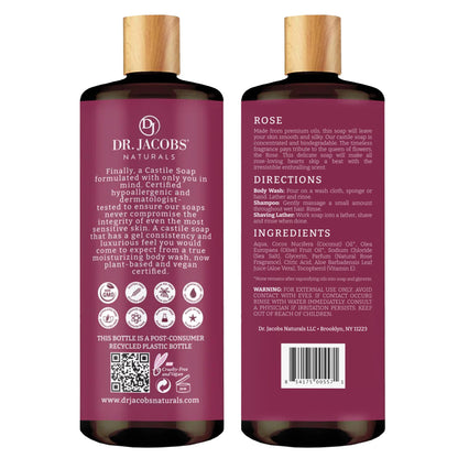 DR.JACOBS NATURALS Pure Castile Soap Rose – Plant-Based Body Wash (32 oz, Pack of 3)