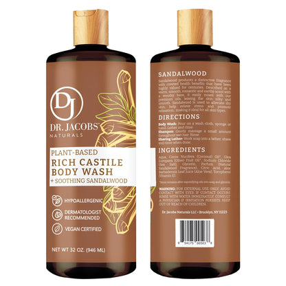 DR.JACOBS NATURALS Pure Castile Soap Liquid Body Wash – Sandalwood, 32 oz (Pack of 3) – Plant-Based with Aloe Vera & Vitamin E