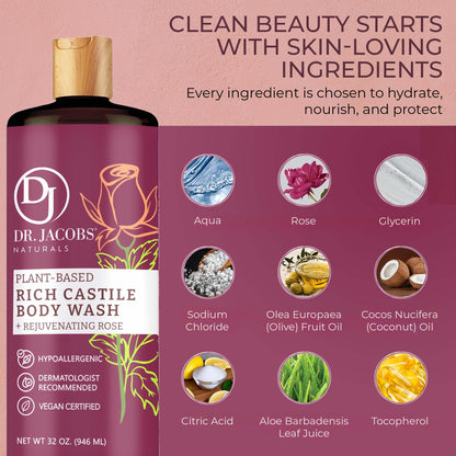 DR.JACOBS NATURALS Pure Castile Soap Rose – Plant-Based Body Wash (32 oz, Pack of 3)