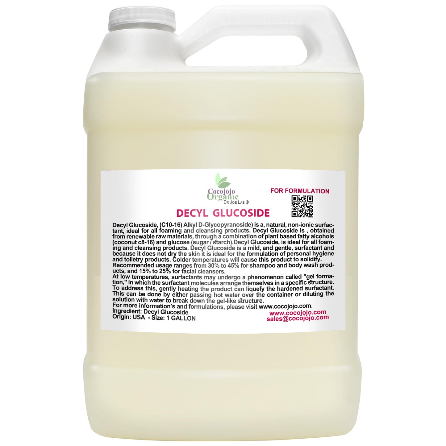 Dr Joe Lab Cocojojo Decyl Glucoside Natural Surfactant – Plant-Derived, Fragrance-Free, 1 Gallon
