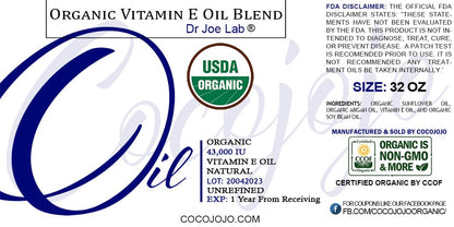 Dr Joe Lab Organic Vitamin E Oil for Skin & Hair | Cold-Pressed, Non-GMO, 32 Oz