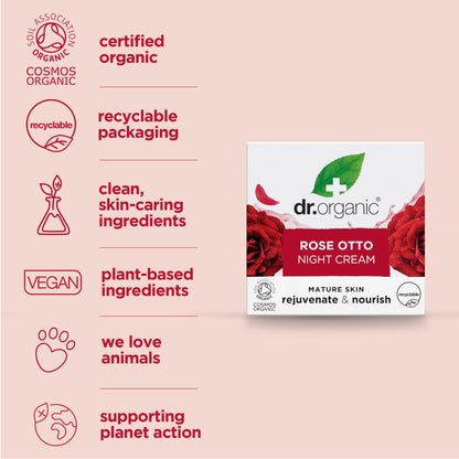 Dr. Organic Rose Otto Night Cream — Organic, Vegan Night Moisturizer for Mature Skin (50 ml)