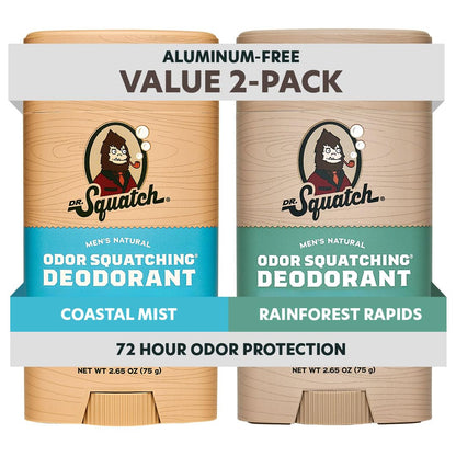 Dr. Squatch Aluminum-Free Deodorant for Men – Charcoal & Postbiotics, Coastal Mist & Rainforest Rapids (2-Pack)