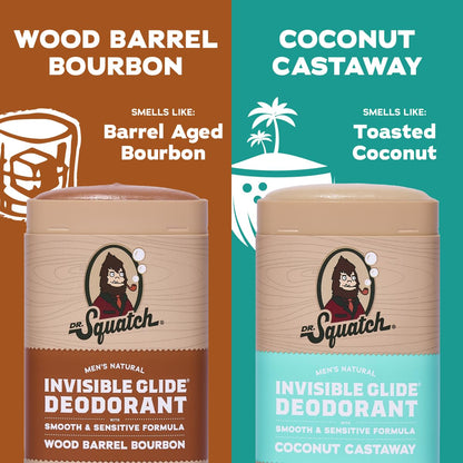 Dr. Squatch Invisible Glide Aluminum-Free Deodorant for Men – Wood Barrel Bourbon + Rainforest Rapids (2-Pack)