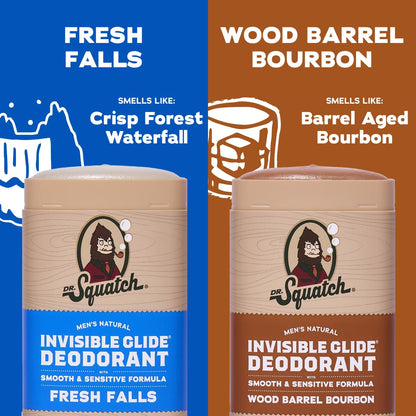 Dr. Squatch Invisible Glide Deodorant for Men – Aluminum-Free, No Stains – Fresh Falls + Wood Barrel Bourbon (2-Pack)