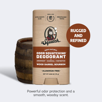 Dr. Squatch Natural Men’s Deodorant – Aluminum-Free, Charcoal & Postbiotics, Wood Barrel Bourbon, 2.65oz Stick (2-Pack)