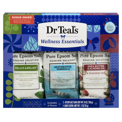 Dr Teal's Holiday Edition Pure Epsom Salt Gift Set, 3 Pack — Eucalyptus Spearmint, Restorative Minerals, Shea Butter & Almond Oil