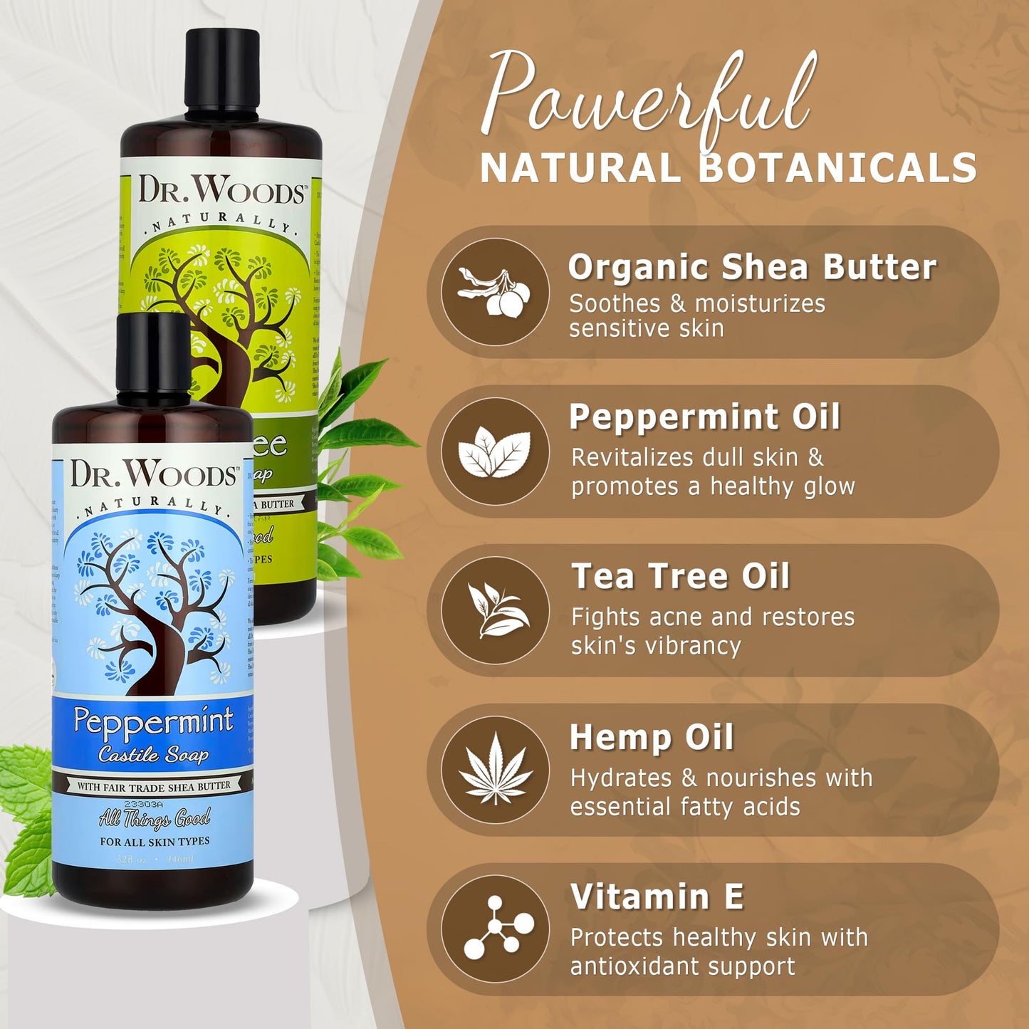 Dr. Woods Liquid Castile Soap – Tea Tree & Peppermint, Organic Shea Butter, 32 oz (Pack of 2)
