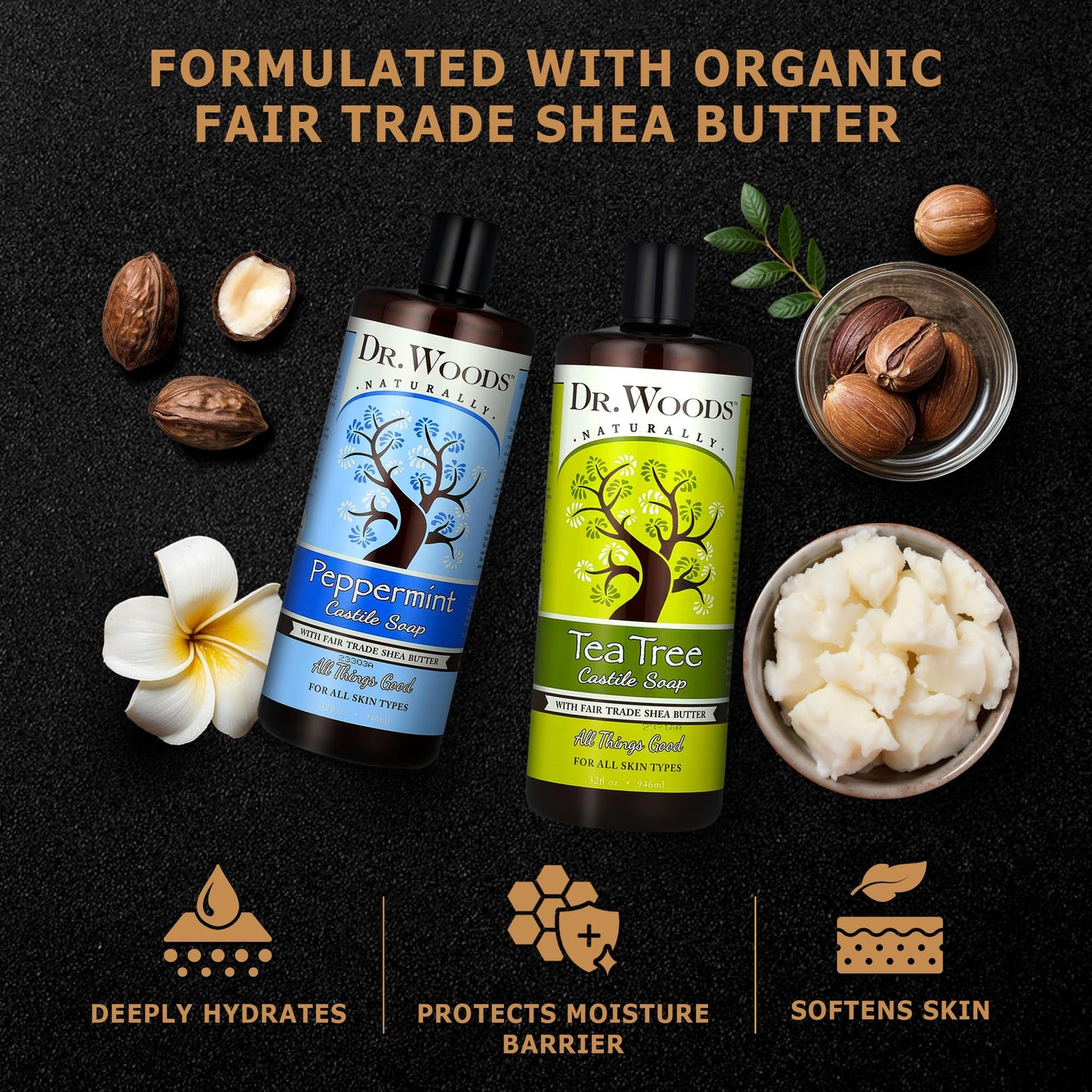 Dr. Woods Liquid Castile Soap – Tea Tree & Peppermint, Organic Shea Butter, 32 oz (Pack of 2)