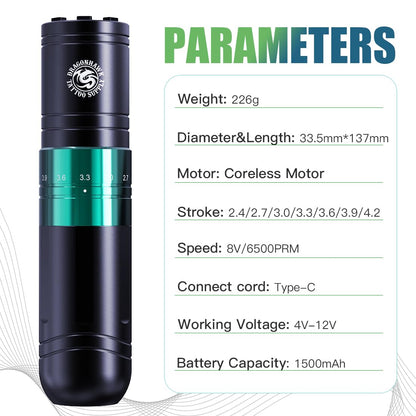 Dragonhawk A2 Wireless Tattoo Pen Kit – 2 Batteries, Adjustable Stroke 2.4–4.2mm, Quiet Mcore-A Motor
