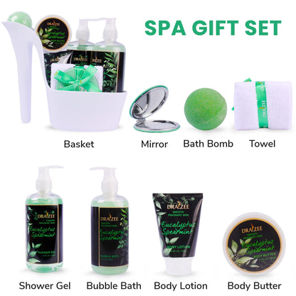 Draizee Valentine's Day Spa Gift Set for Her — 8-Piece Eucalyptus Spearmint Luxury Bath Basket